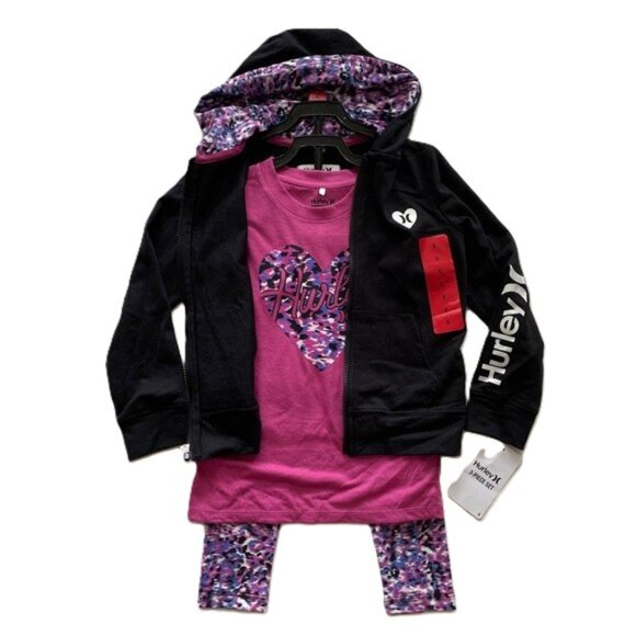 Hurley Kids 3-Piece Legging T-Shirt Sweater Set Girls Size 6 Pink/Black NWT - Picture 1 of 9